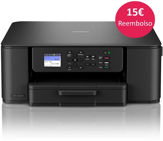 Zwarte Brother multifunctionele printer met lcd-scherm en een rode cirkel met '15€ Reembolso'.