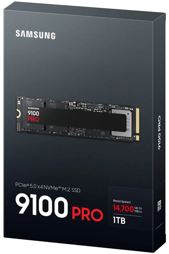 Samsung 9100 PRO SSD doos met PCIe 5.0 en 1TB vermelding.
