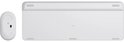 Onderkant van een wit toetsenbord met aanduiding K470 en een witte muis met modelnummer M340.