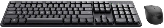 Zwart draadloos Trust toetsenbord met Azerty-indeling en bijpassende computermuis.