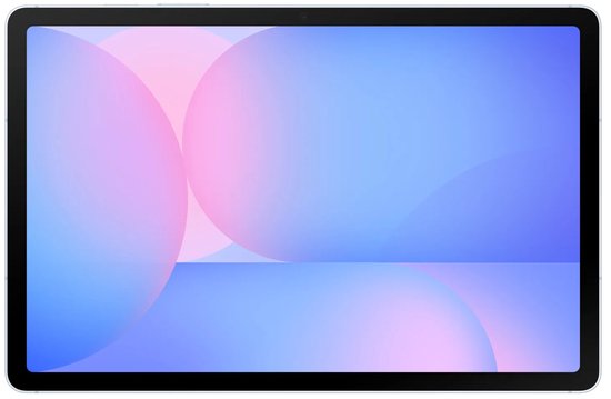 Vooraanzicht van de lichtblauwe Samsung tablet met scherm aan en abstracte achtergrond.