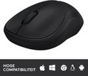 Zwarte draadloze muis met tekst: Hoge compatibiliteit en iconen voor besturingssystemen.