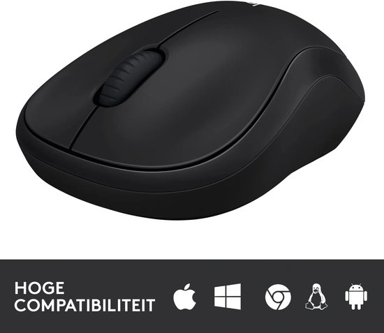 Zwarte draadloze muis met tekst: Hoge compatibiliteit en iconen voor besturingssystemen.