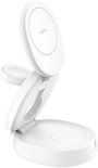 Opvouwbare witte Belkin magnetische oplaadstandaard met meerdere oplaadpunten.