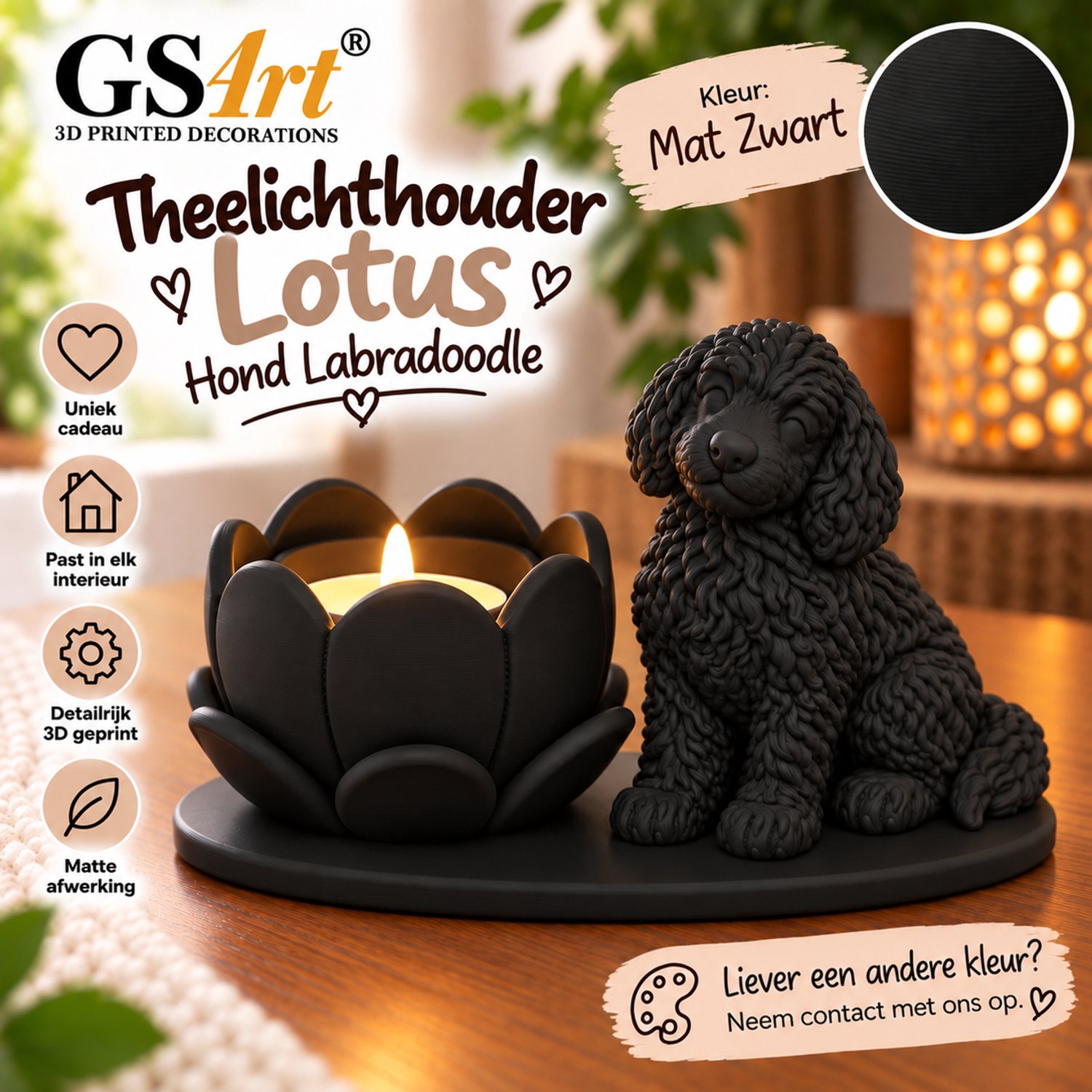 GSArt Theelichthouder Lotus Labradoodle Hond – LED – Mat Zwart