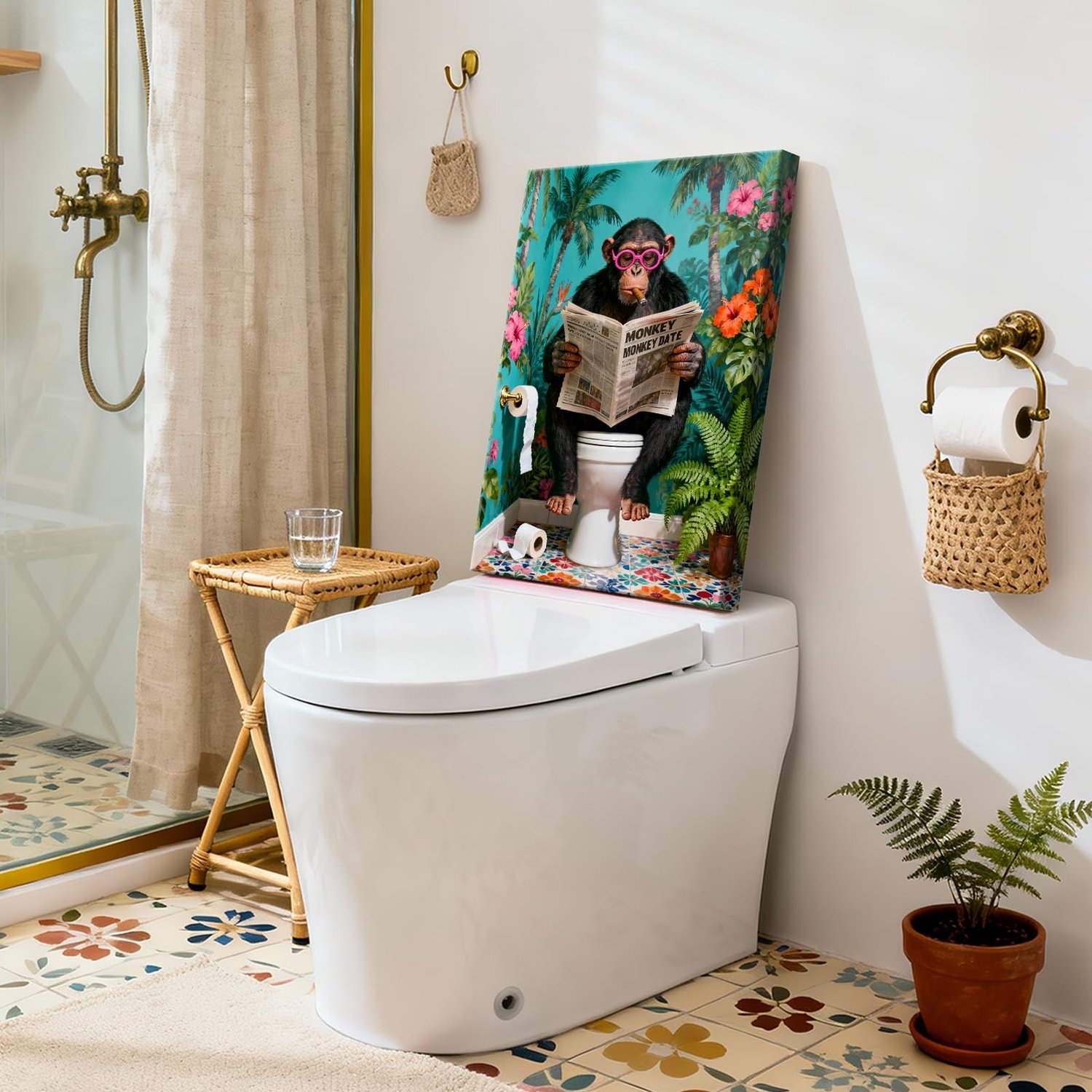 Famanu – Houten lijst canvasprint grappige aap op toilet 30x40cm