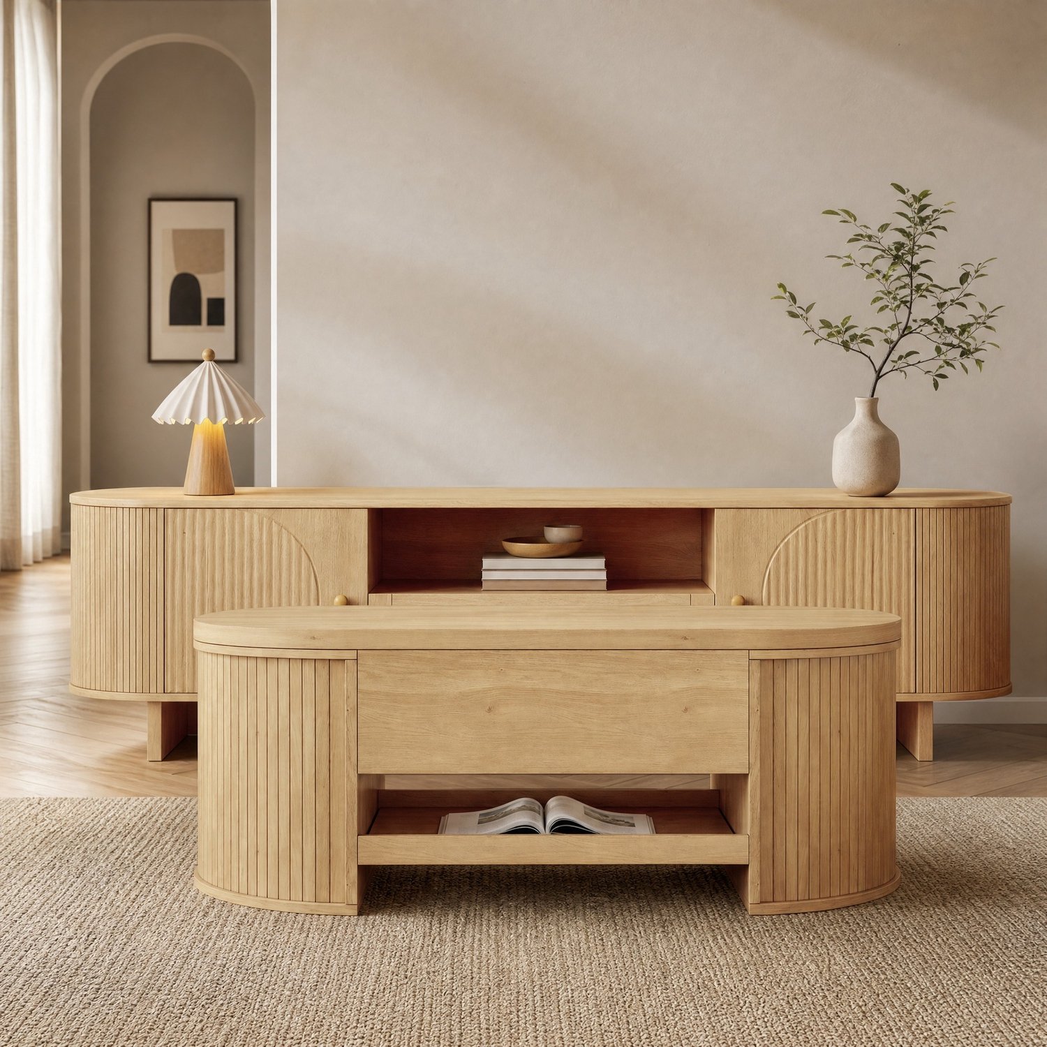 CHICFURN Salontafel 110 cm - Hoogteverstelbaar - Opklapbaar - Uitschuifbare plank - Naturel Naturel houtkleur