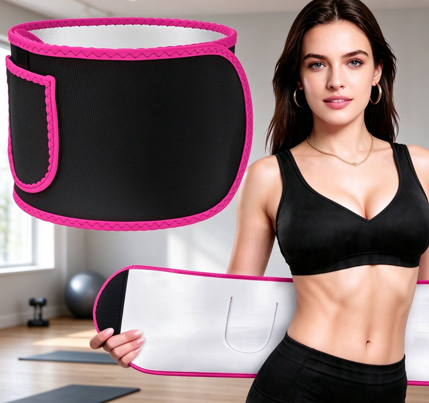 Taille trainer zweetband met nanozilver binnenzijde verstelbare buikband voor fitness yoga en postpartum ondersteuning 100×17 cm roze en zwart