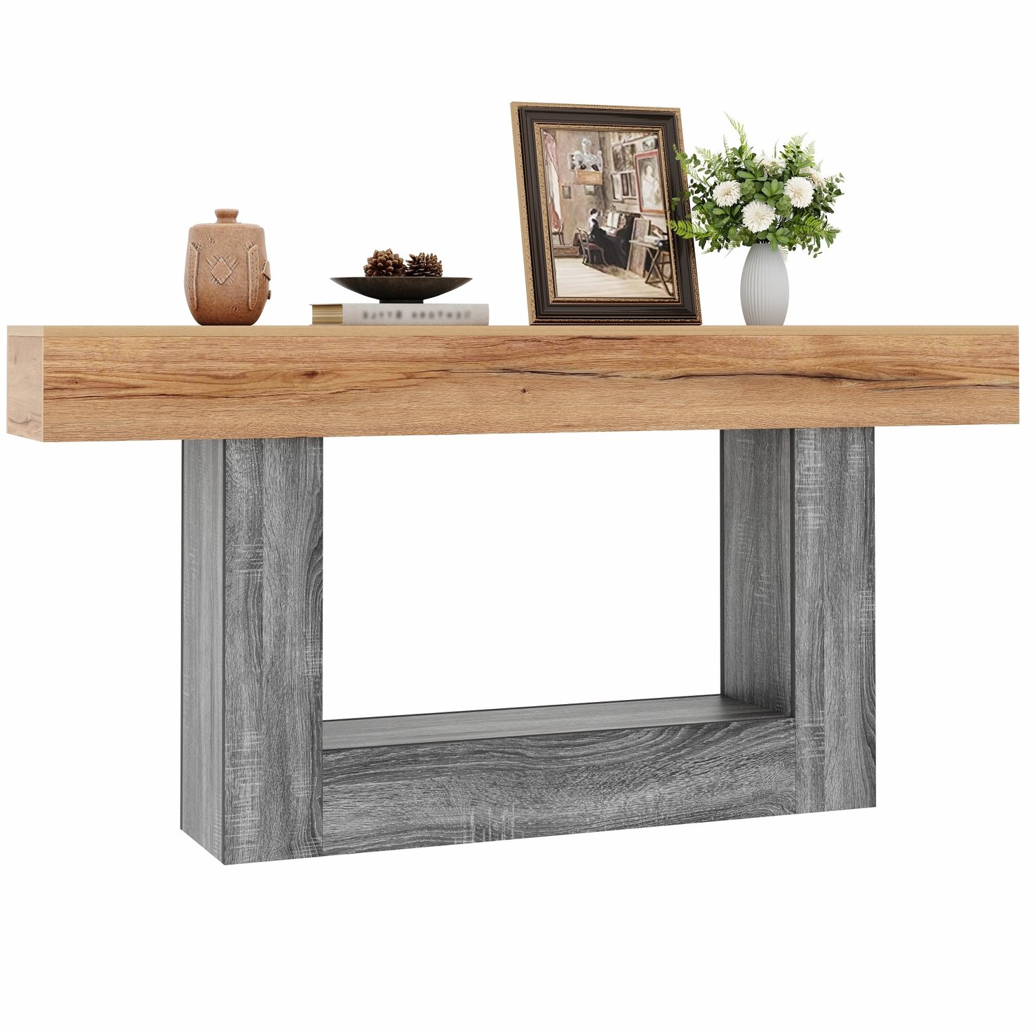 CHICFURN Sidetable - Open opbergvak - U-vormige steun - Naturel en grijs