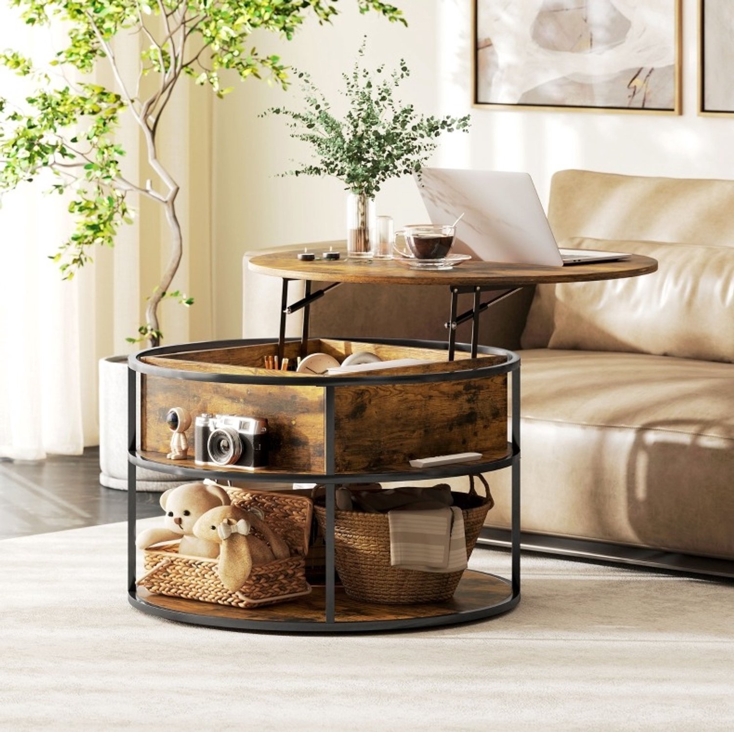 CHICFURN Salontafel - Hoogte verstelbaar - Rond - Bruin
