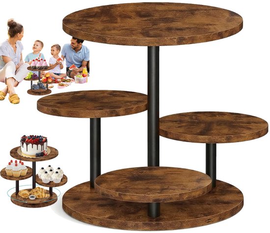 Draaibare etagère met 4 lagen in bruin hout en zwarte metalen steunen, getoond met desserts.