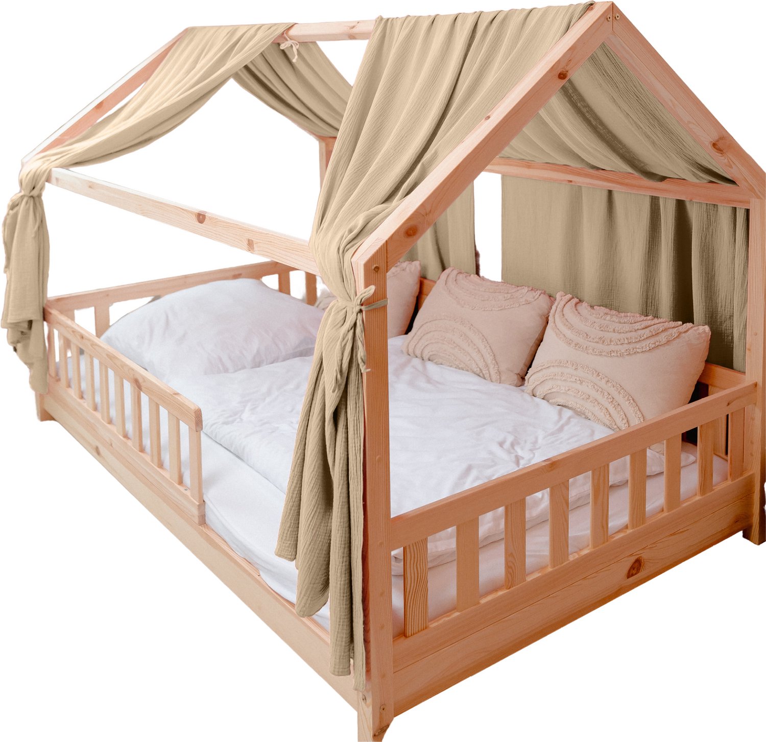 LILIMAUS Huisbed hemeltje met gouden details - bedhemel voor huisbed - 67,5 x 320 cm - mousseline katoen - crème