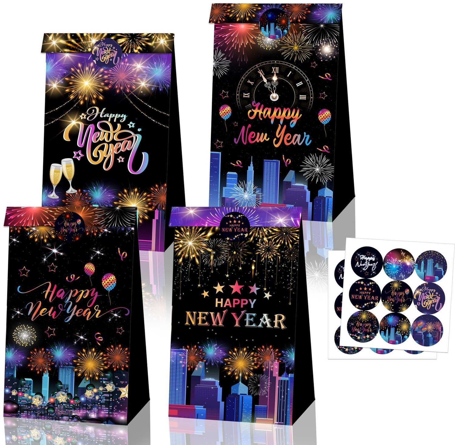 Geschenkzakken 12 Stuks - Papieren Tassen - Feestbenodigdheden - Oudejaarsavond - Nieuwjaar - Afdichtingsstickers 18 Stuks - Feestzakken