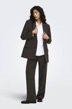 Model draagt een donkerbruine blazer en pantalon met een wit overhemd.