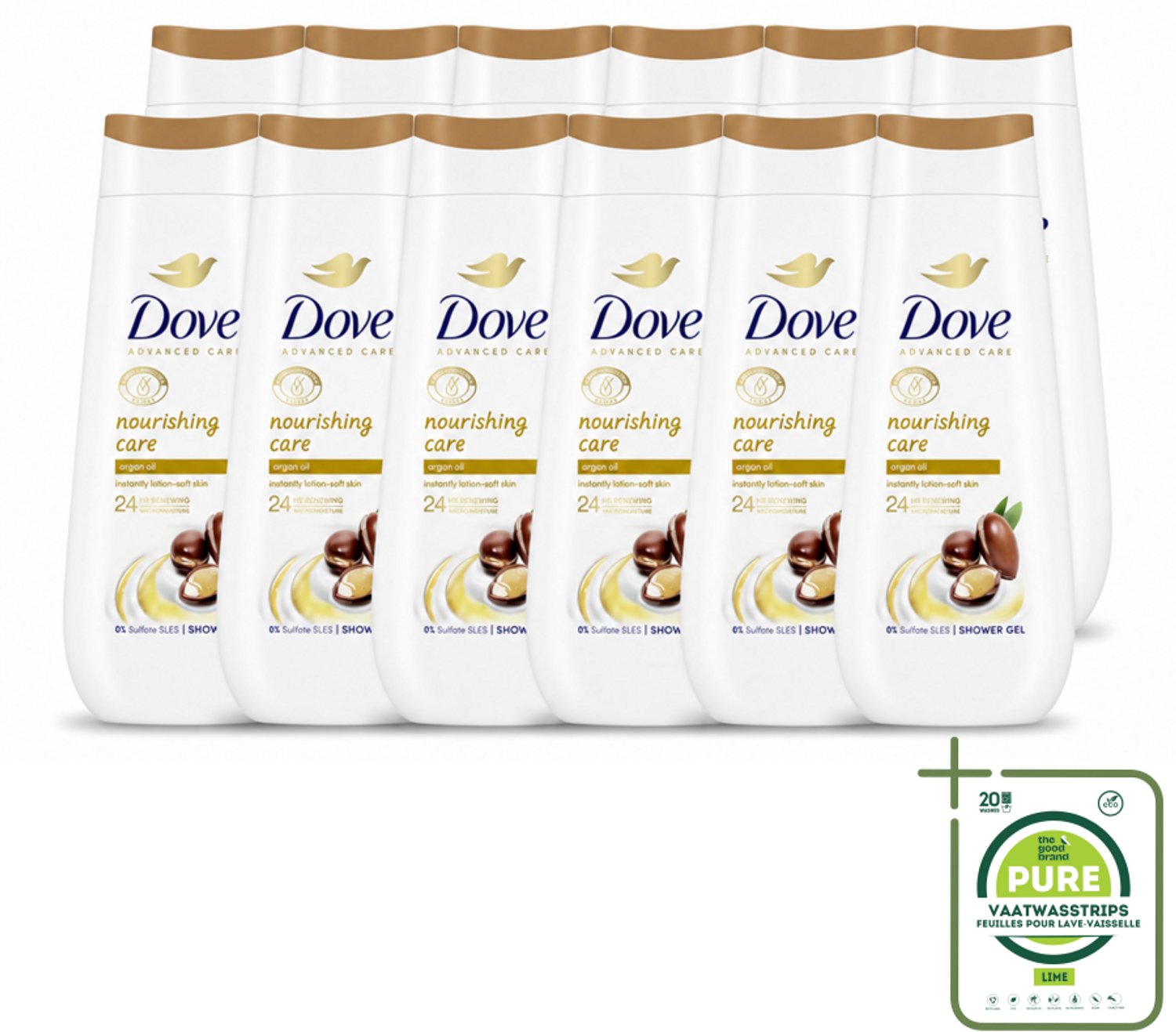 12 x Dove Douchecrème - Nourishing Care - Arganolie - 225 ml - Grootverpakking - Vaatwasstrips - Douchegel - Voedende Huid - Droge Huid - Hydratatie - Arganolie