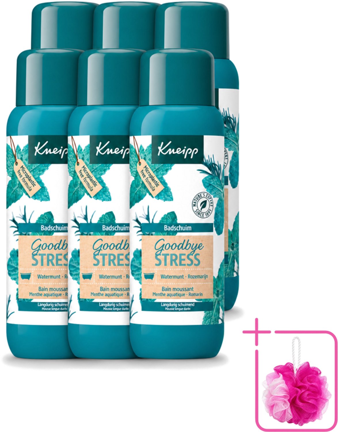 6 x Kneipp - Badschuim - Goodbye Stress - Watermunt & Rozemarijn - 400 ml - Bulkverpakking - Stressvermindering - Douchemop - Badschuim