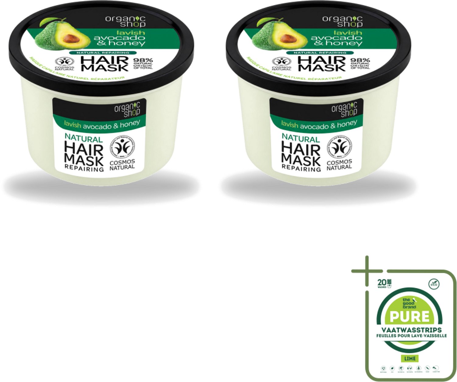2 x Organic Shop - Haarmasker Avocado & Honey - Hydraterend en Verzachtend - 250 ml - Grootverpakking - Vaatwasstrips - Haarmasker Avocado En Honing - Natuurlijk Haarmasker - Herstel Haartype - Droog Haar Herstellen - Pluis Verminderen