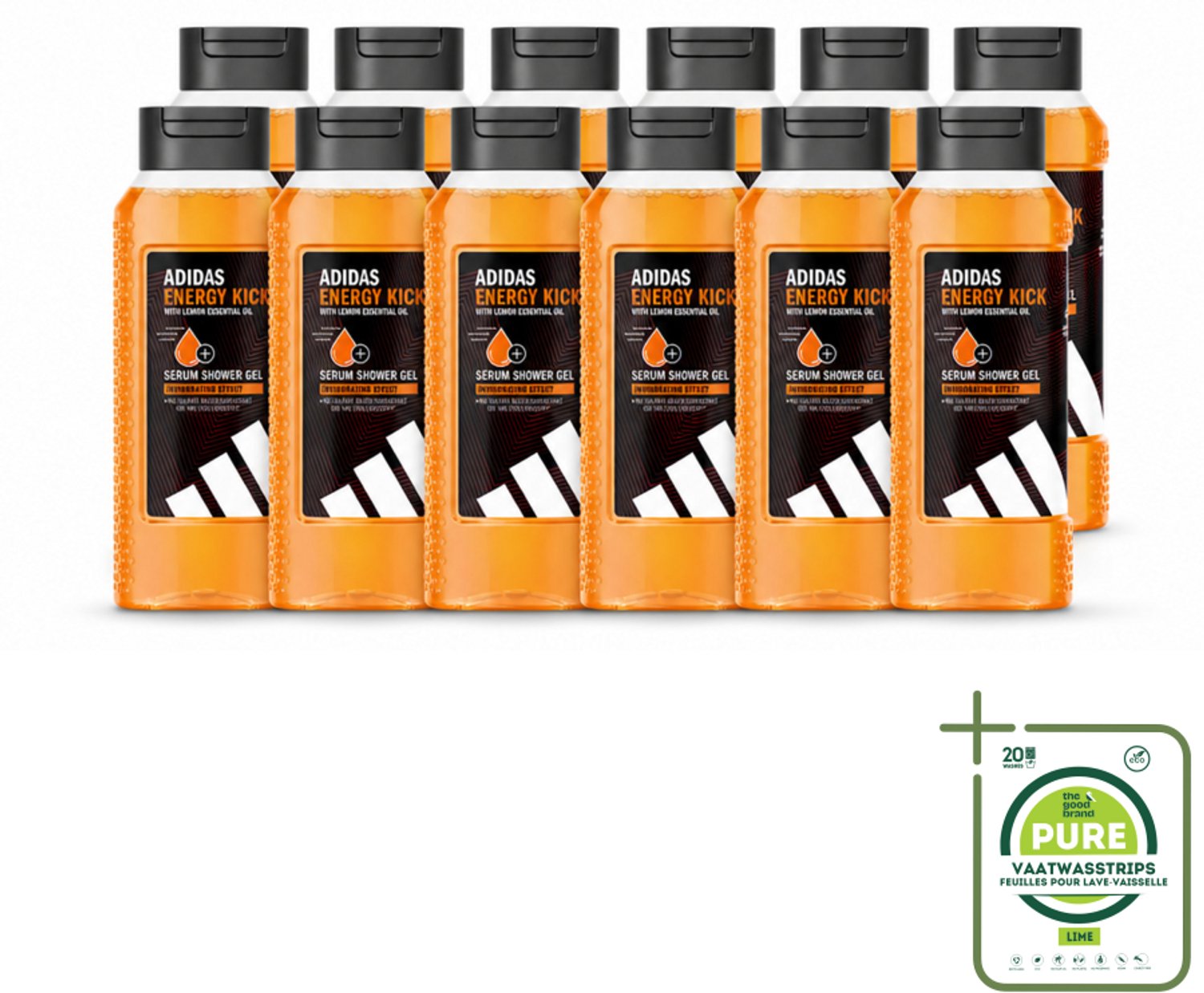 12 x Adidas – Douchegel – Active Skin & Mind Energy Kick – 250 ml - Grootverpakking - Vaatwasstrips - Douche Gel - Energie - Frisheid - Citroen - Huidverzorging