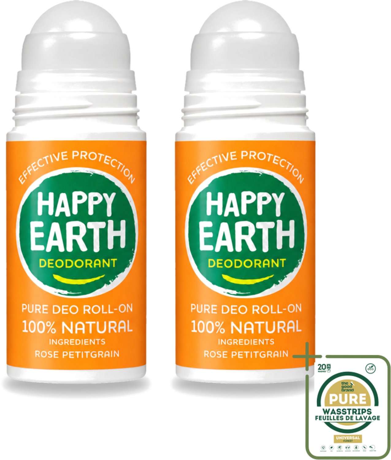2 x Happy Earth – Deodorant Roll-On – 100% Natuurlijk Rose Petitgrain – 75 ml - Wasstrips - 100% Natuurlijke Deodorant - Roll-on Deodorant - Frisse Geur - Bloemige Geur - Roos