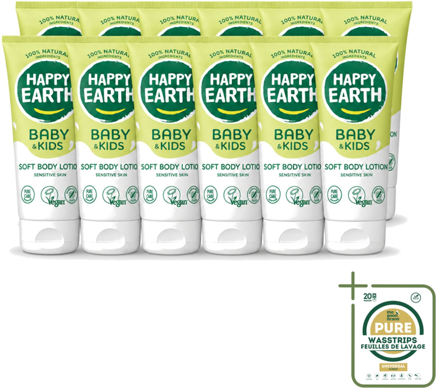 12 x Happy Earth – Bodylotion – 100% Natuurlijk Baby & Kids – 200 ml - Wasstrips - Babyhuid Verzorging - Natuurlijke Bodylotion - Baby Lotion - Kinderhuid Verzorging - Gevoelige Huid Verzorging