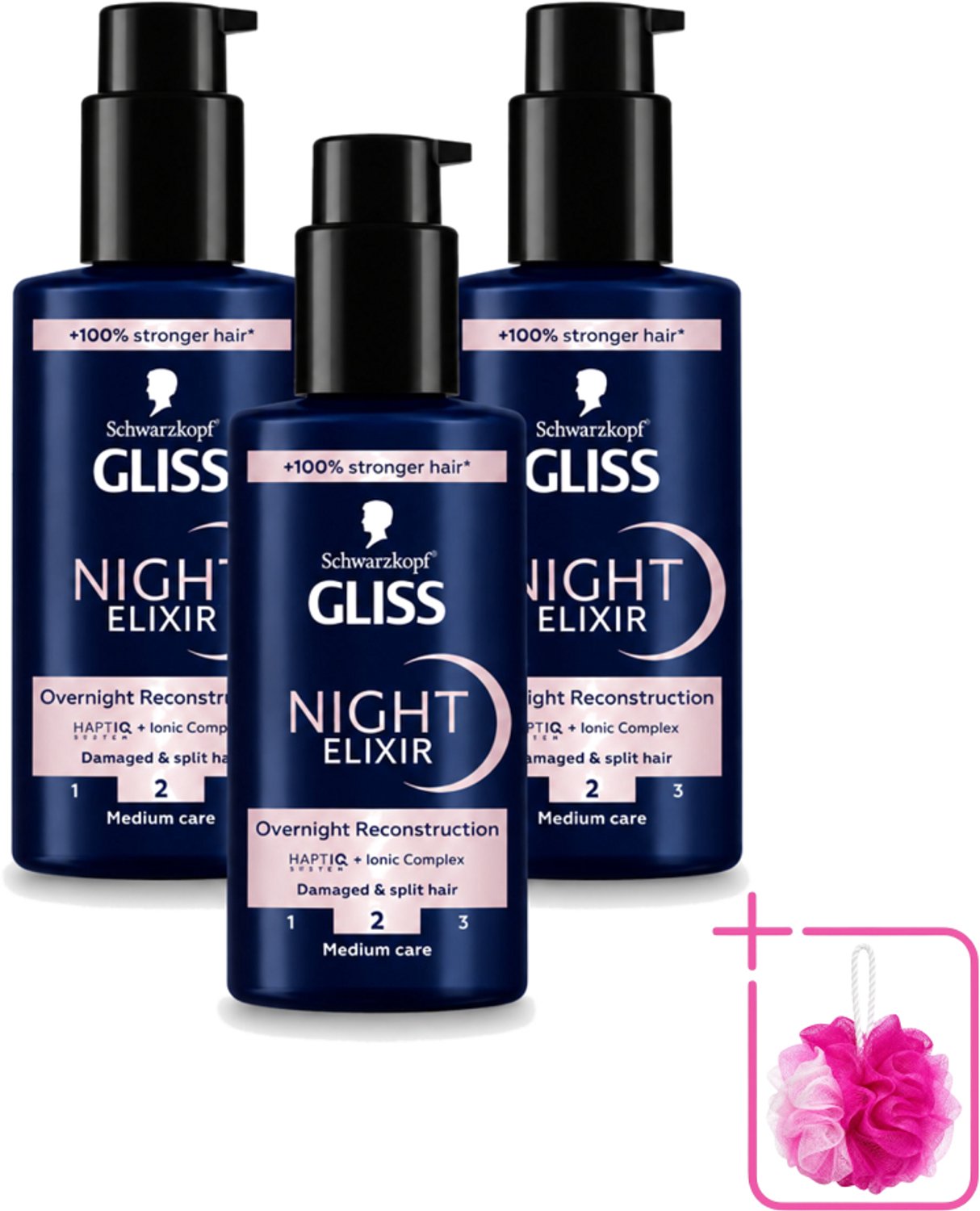 3 x Gliss - Haarserum - Night Elixer Overnight Reconstruction - Tegen Gespleten Haarpunten - 100 ml - Bulkverpakking - Haarschade - Douchemop - Gespleten haarpunten