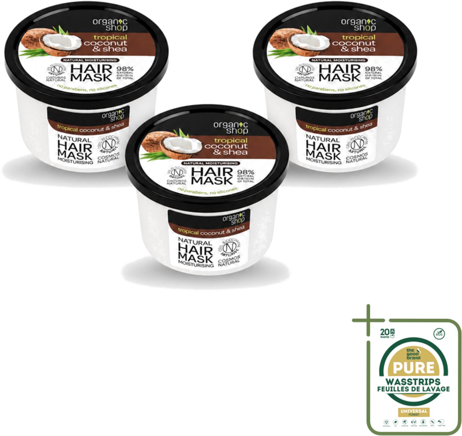 3 x Organic Shop - Haarmasker Coconut & Shea - Verzorgend en Voedend - 250 ml - Wasstrips - Haarmasker - Haarverzorging - Hydratatie - Voeding - Haarherstel