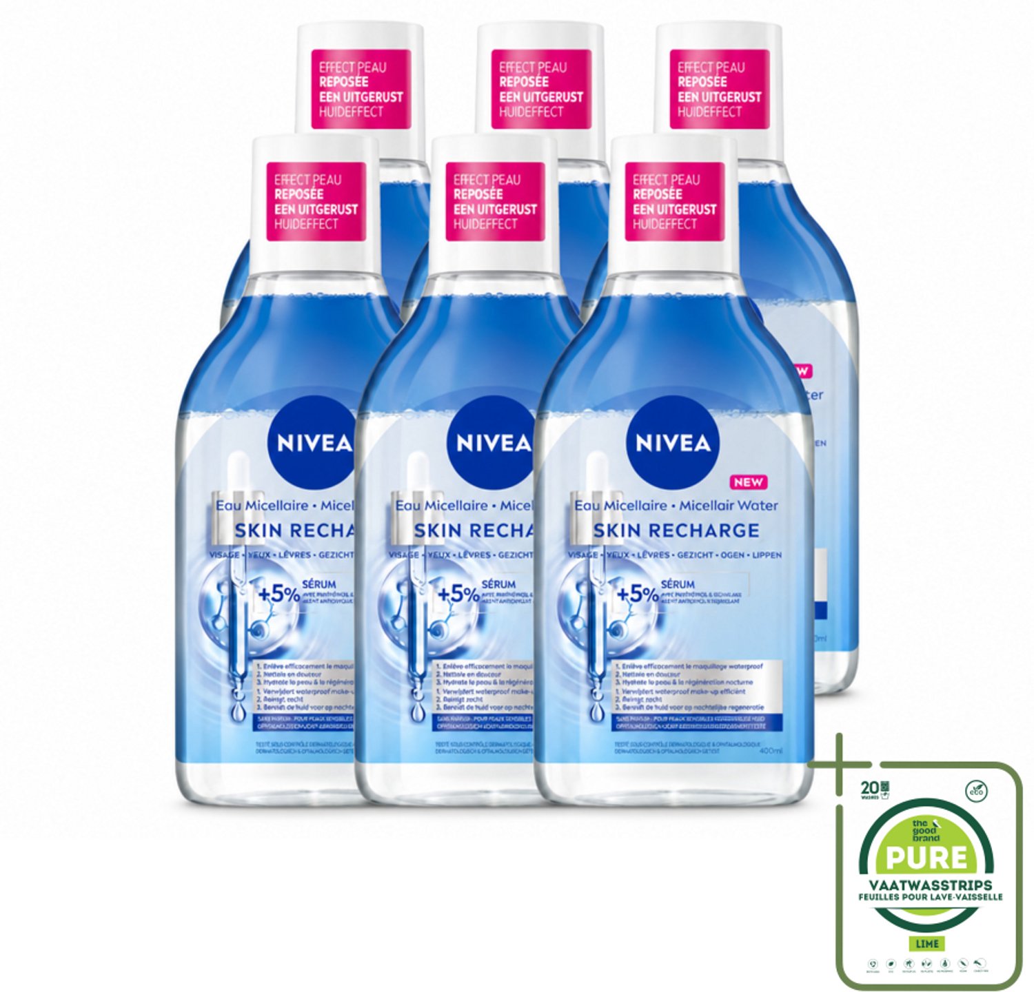 6 x NIVEA - Micellair Water - Serum Verrijkt Opladend - Verwijdert Waterbestendige Make-up - 400 ml - Grootverpakking - Vaatwasstrips - Micellair Water - Gevoelige Huid - Reinigen - Hydrateren - Nachtelijk Herstel