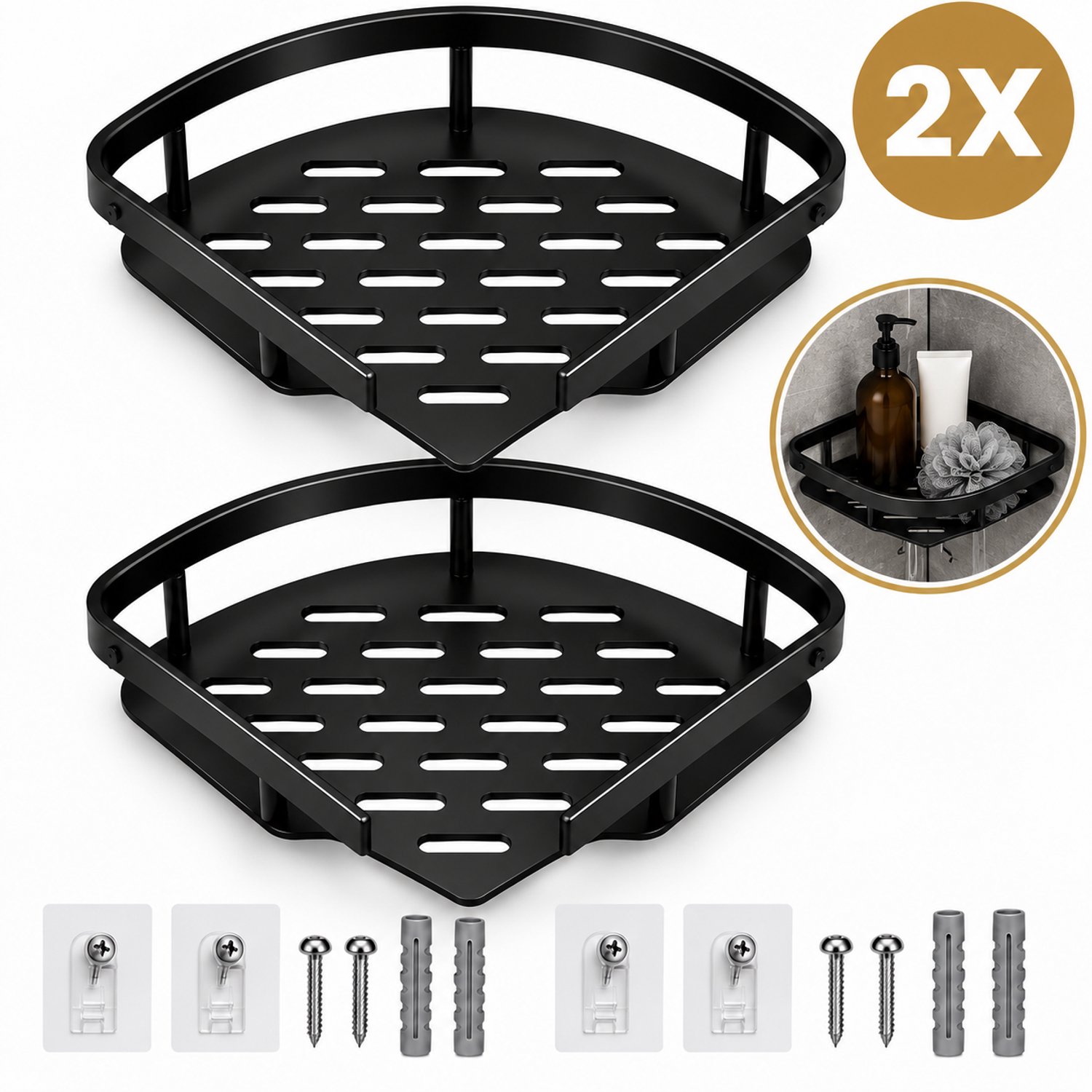 DIVERZA Doucherek Hoek – Badkamerrek – 2-delige Driehoek Set – Staal – 27,5 × 21 × 5 cm – Zwart