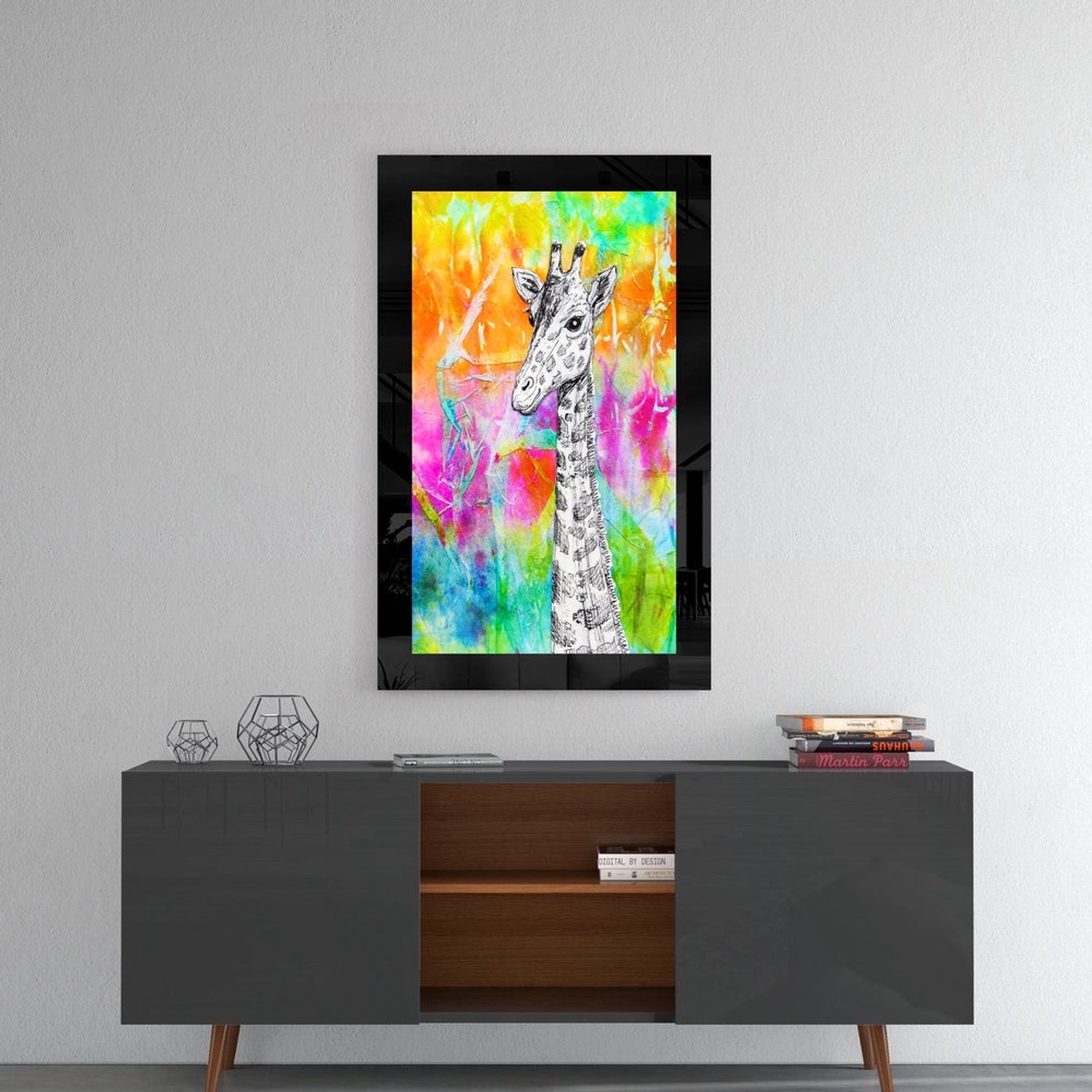 Glasschilderij – Giraffe met Inkt en Neonspetters – Kunstzinnige Wanddecoratie