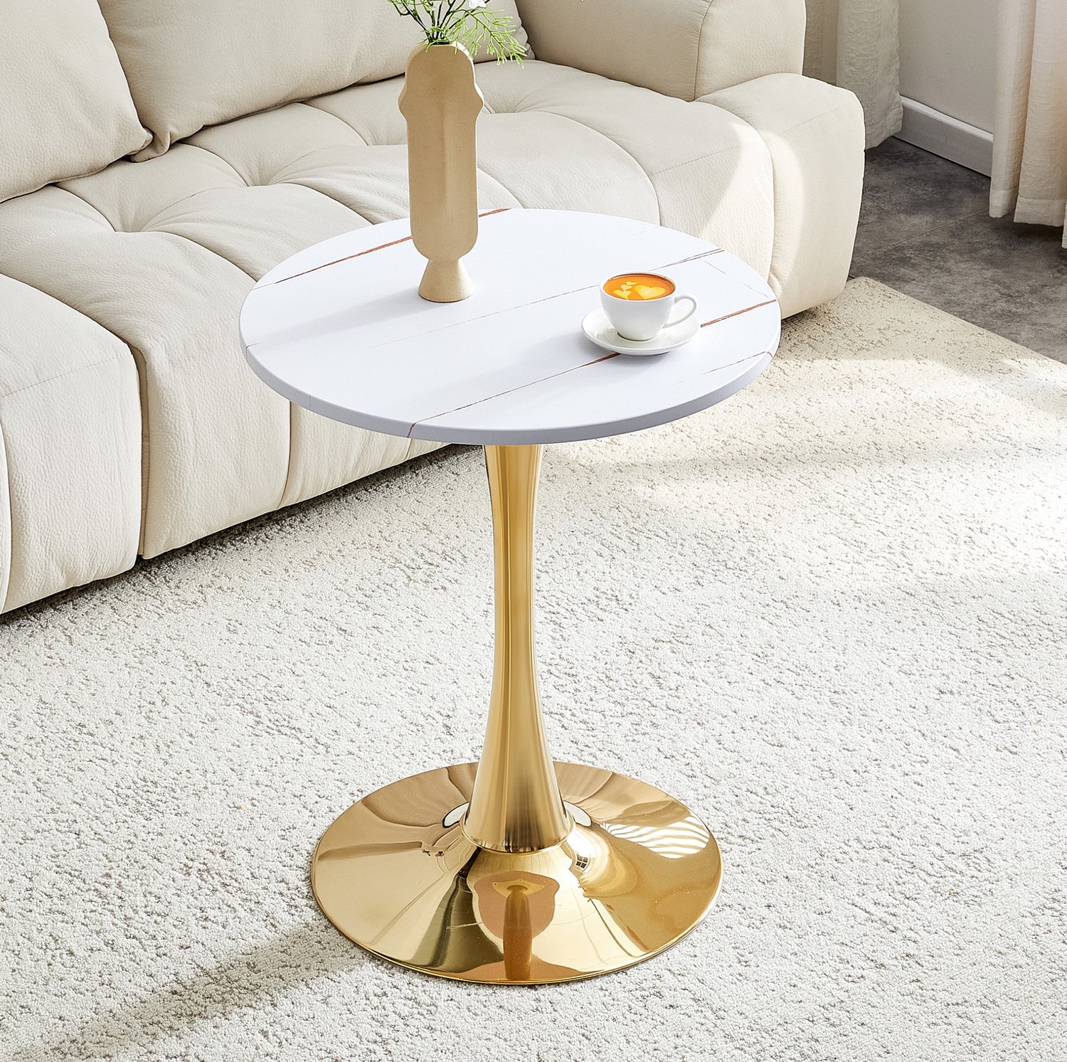 CHICFURN Bijzettafel - ronde tafel - metalen voet - wit en goud