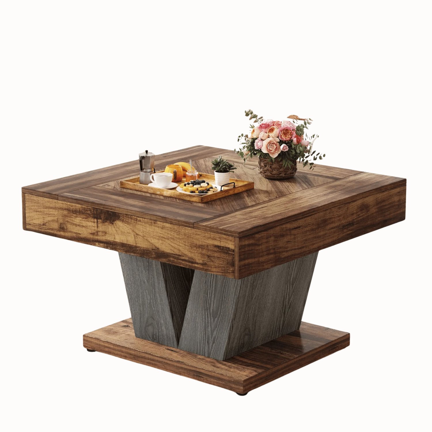 Homezo salontafel - Bijzettafel - Vierkant - 80x80x51 - Rustiek bruine houtlook met v-vormige moderne poot - Verstelbare voetjes Rustiek bruin, zwart