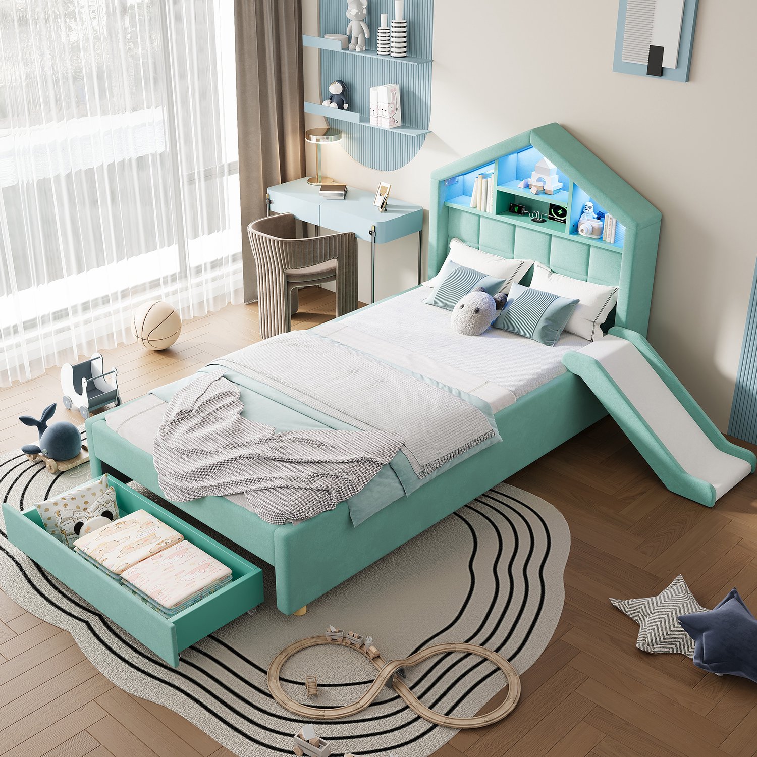 VVBV Kinderbed 90x200 – Opbergruimte, LED-Verlichting, Glijbaan, Hoofdbord, Open Vakken, Huisbed Design – Fluweel – Blauw/Groen Blue+Green