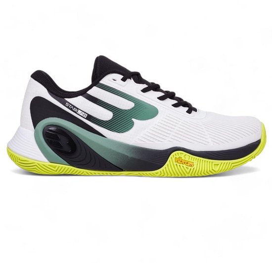 Chaussure de padel Bullpadel blanche avec lacets noirs, logo vert, détail STABILAB et semelle Vibram jaune vif.