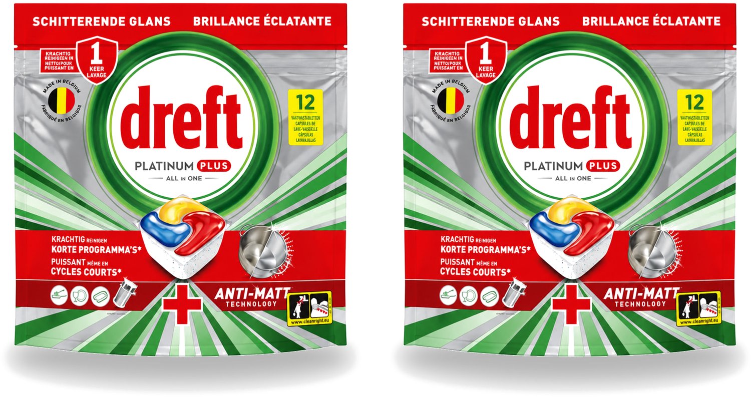 2 x Dreft – Vaatwastabletten – Platinum Plus All-in-One – Lemon – 12 Tabletten - Voordeelverpakking - 2 stuks