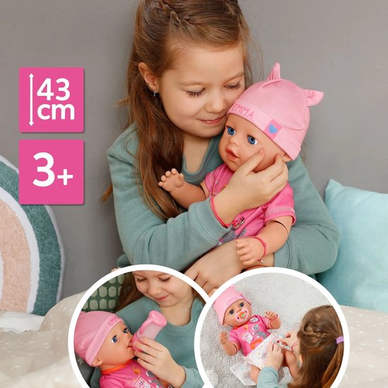 Kind van 3+ jaar knuffelt 43 cm BABY born pop Emma met roze mutsje, flesje en luier.