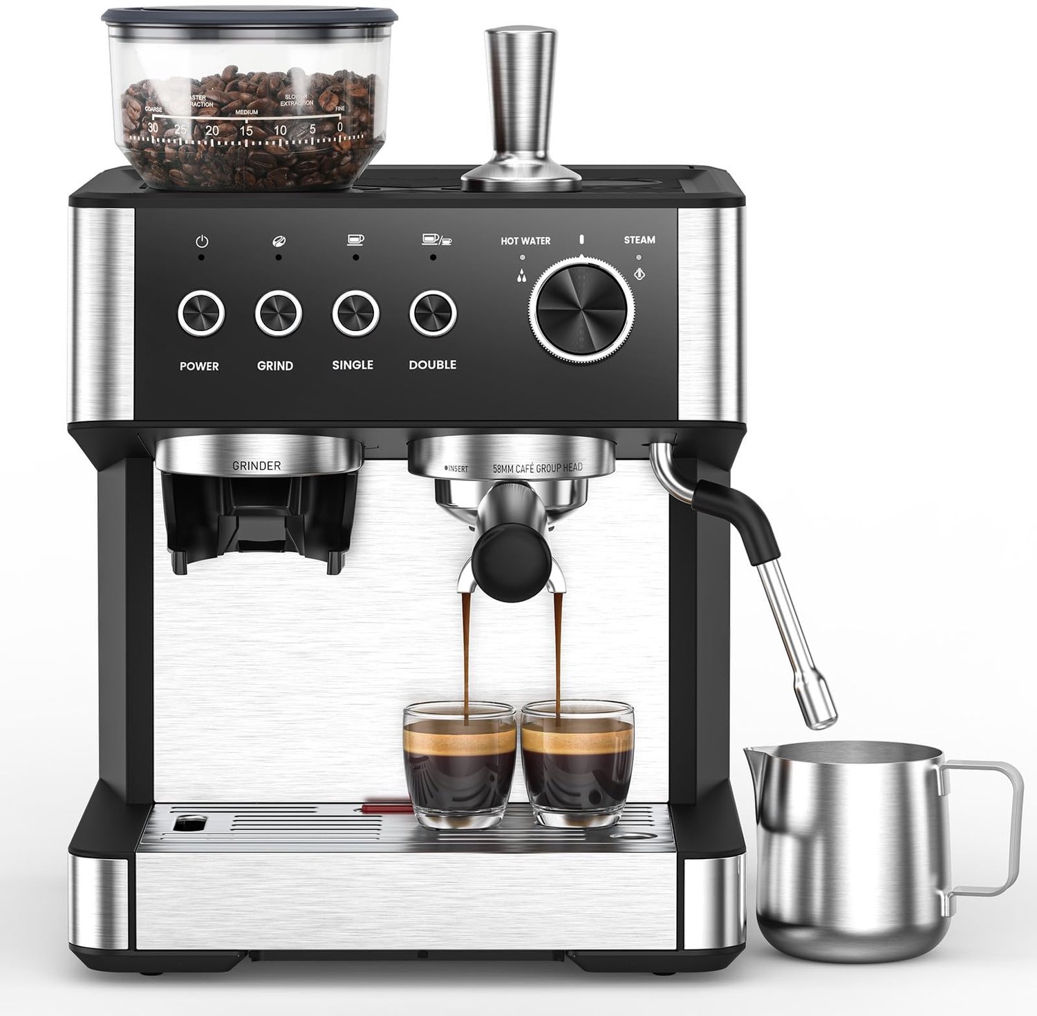 Espressomachine Automatisch 20 Bar - Conische Bonenmolen 30 Niveaus - Melkopschuimer Auto - Stoom 360° - 2,3 L Reservoir - Koffie Amerikaans Cold Brew - RVS Zwart