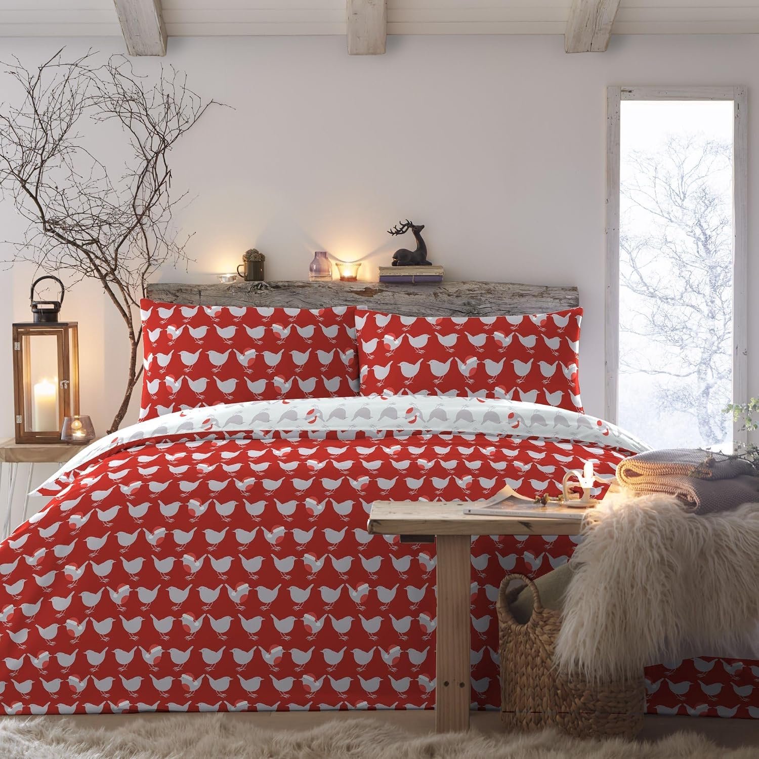 Fusion Geo Robin Kerst Dekbedovertrek Set Dubbel Rood