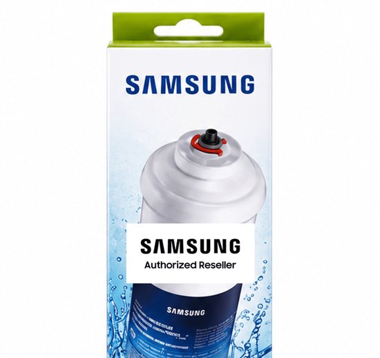 Samsung waterfilter in witte verpakking met blauwe wateraccenten en Authorized Reseller logo.