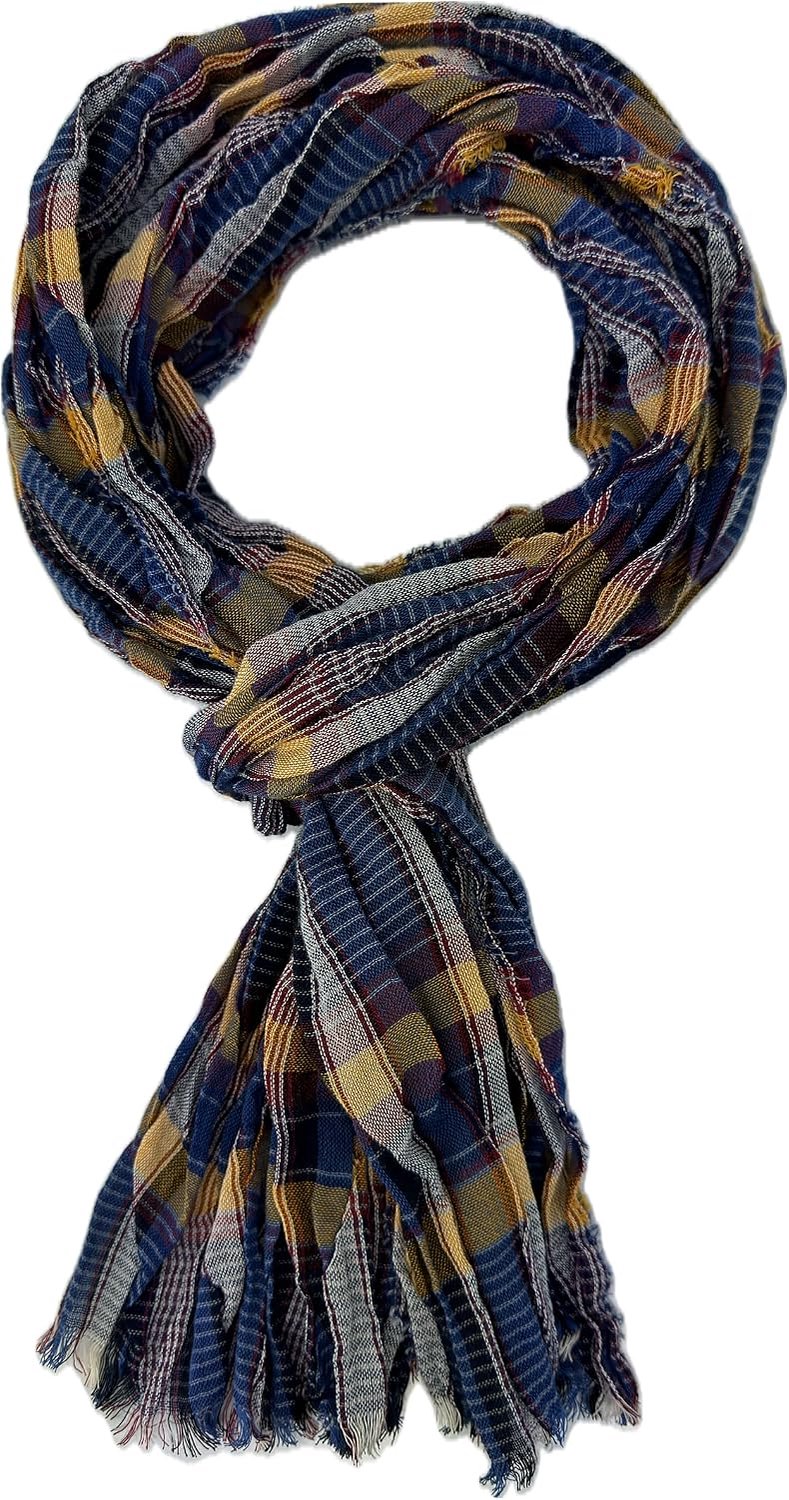 Merkloze Katoenen Sjaal - Geel Blauw Rood - Crinkle Look