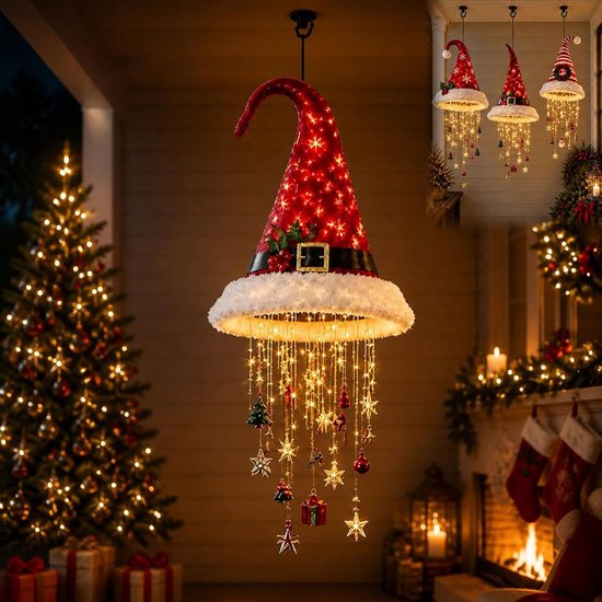 Hangende Kerst decoratie - Kerstmuts Lamp met LED - Kerst decoraties - Kerst-cadeaus - Oplichtende Kerstmuts - Kerstmutsdecoratie - Hangende Kerstdecoratie met Sterren - Hangende ornament in de vorm van Kerstmuts - voor veranda en terrassen