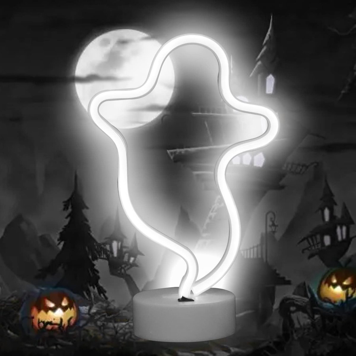 Exclusief voor Halloween: spookvormige neonverlichting, LED-nachtlampjes in de vorm van een spook, geschikt voor gotische, huiselijke, muur- en kerstdecoraties - Spook met standaard (wit) (batterijen niet inbegrepen)