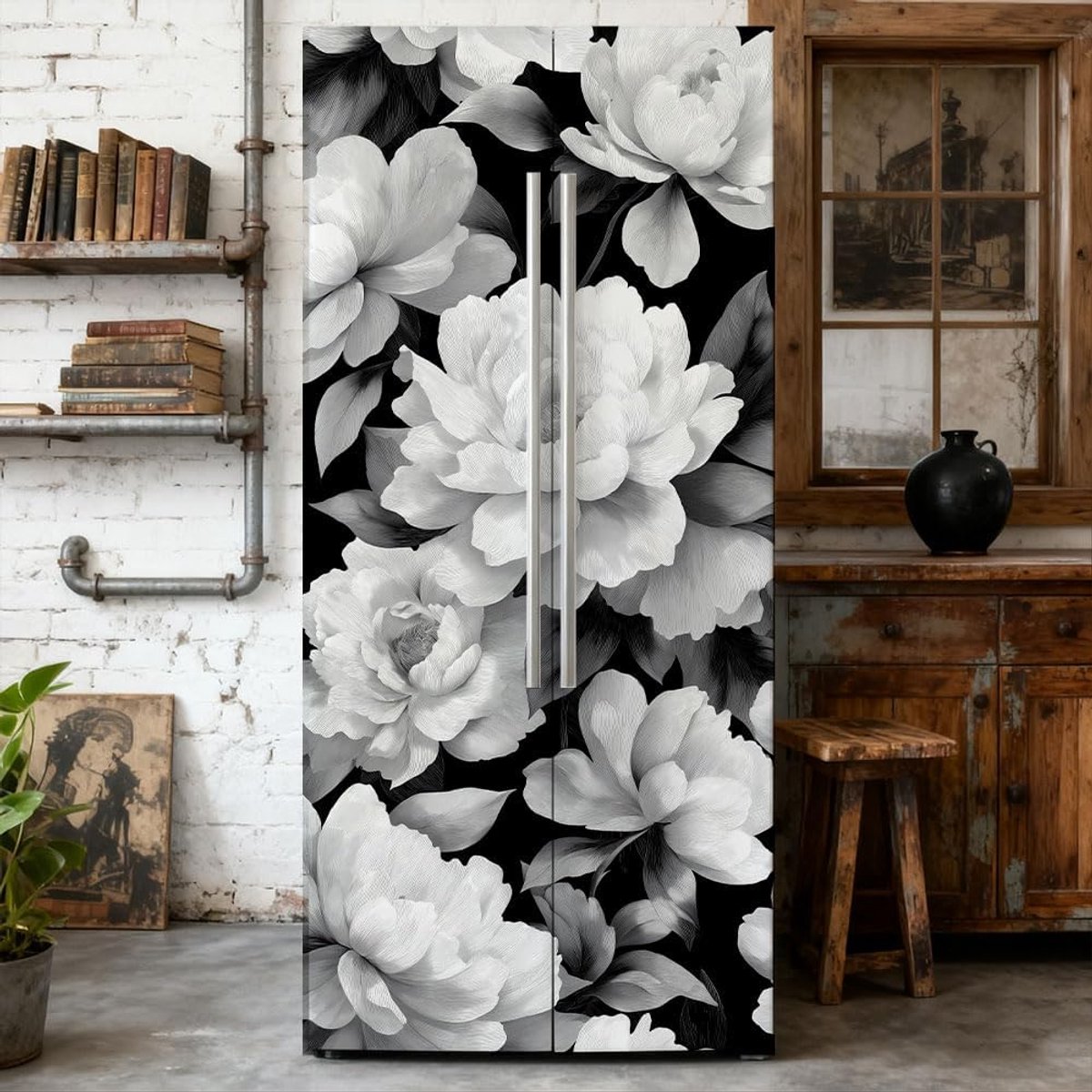 Koelkast wraps 2 stuks - zwart en wit pioen patroon - zelfklevend - verfijn je keuken decor - ShopVlot