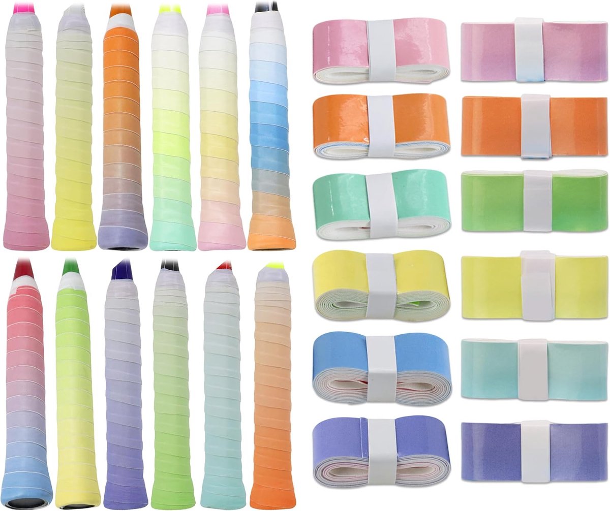 12 Stuks Badminton Gripband, Zelfklevend Kleurenverloop Tape voor Tennisrackets, PU Badminton Overgrip Tape met Zachte - ShopVlot