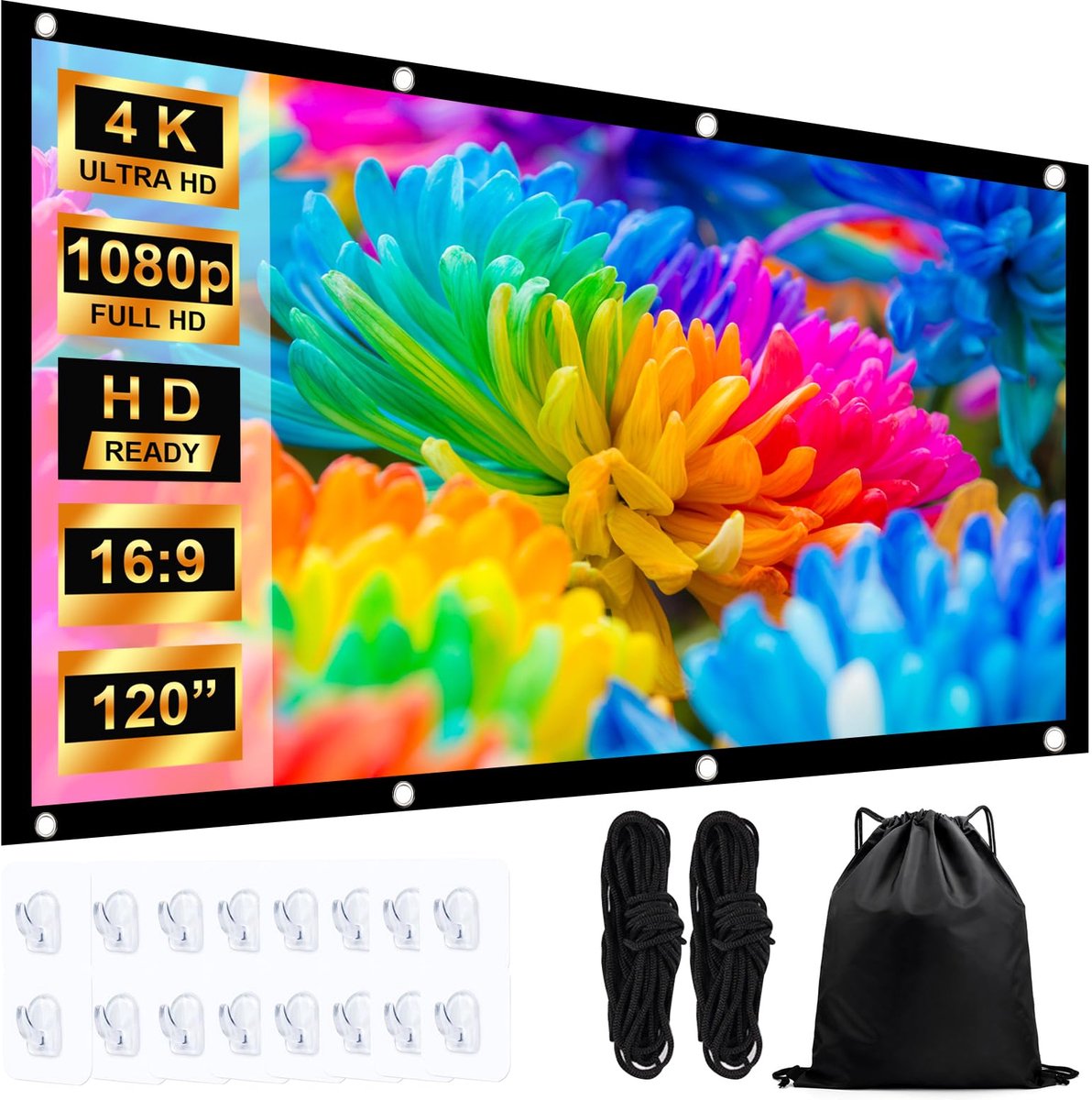 JASFLY Canvas beamer, 120 inch, 16:9 HD, hoge-resolutie, 4K opvouwbaar, draagbaar, projectorscherm, 265 x 150 cm - ShopVlot