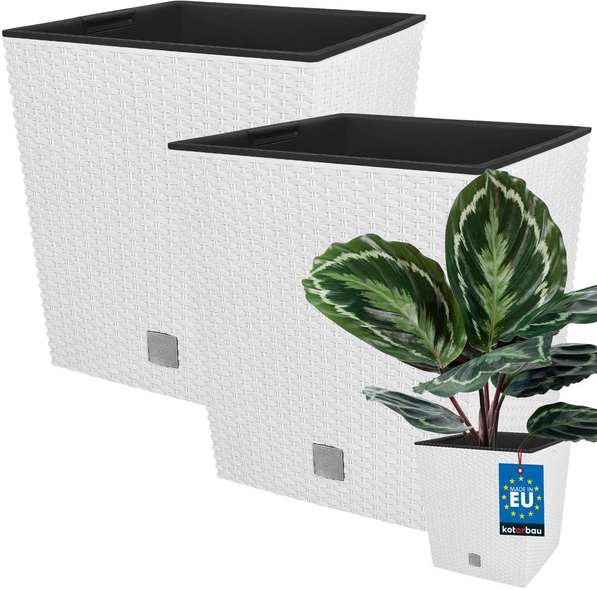 KOTARBAU® Vierkante Bloempot met Inzetpot - Vierkante Plantenbak 26x26 cm 2 Stuks - Plantenpot 15,8 L - Plantenbak - Kunststof - Rotanlook - Wit