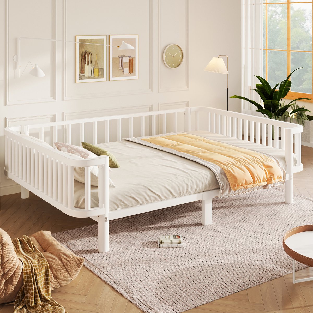 DESMIU Metalen Dagbed 140x200 cm – Slaapbank Met Stalen Lattenbodem – Bed En Bank Voor Slaapkamer Of Woonkamer – Modern – Wit – Zonder Matras