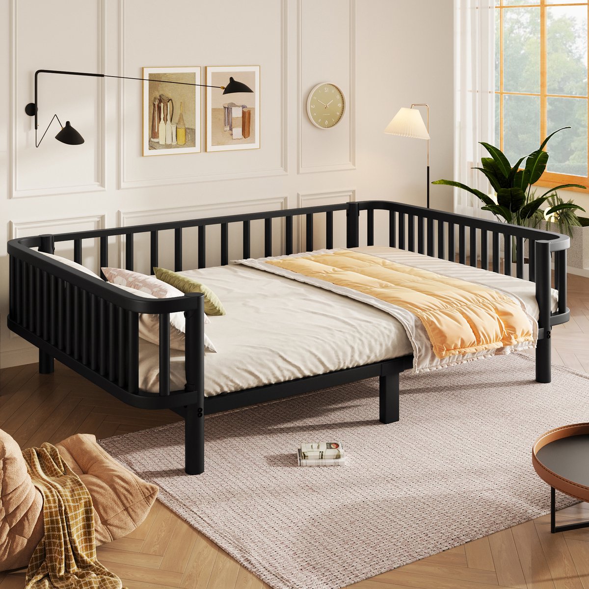 DESMIU Bedbank 140 x 200 cm – Metalen Dagbed met Stalen Lattenbodem – Bed en Bank – Voor Woonkamer of Slaapkamer – Zwart – Zonder Matras
