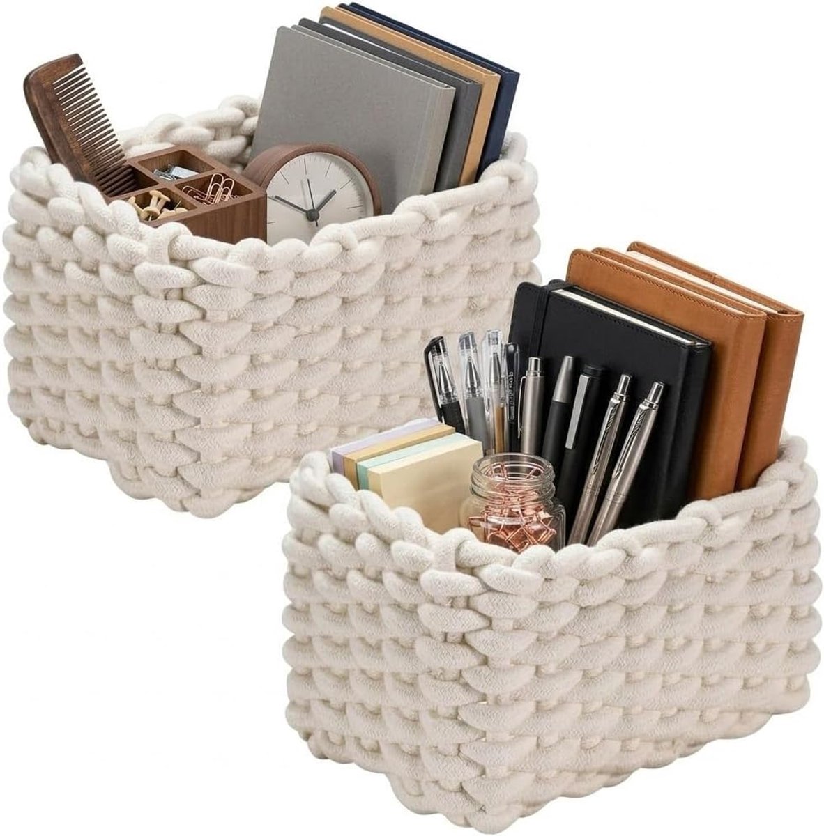Pack of 2 Cotton Braided Basket Home Accessories Toilet Paper Cosmetics Toy 19 x 15 x 12 cm White - ShopVlot