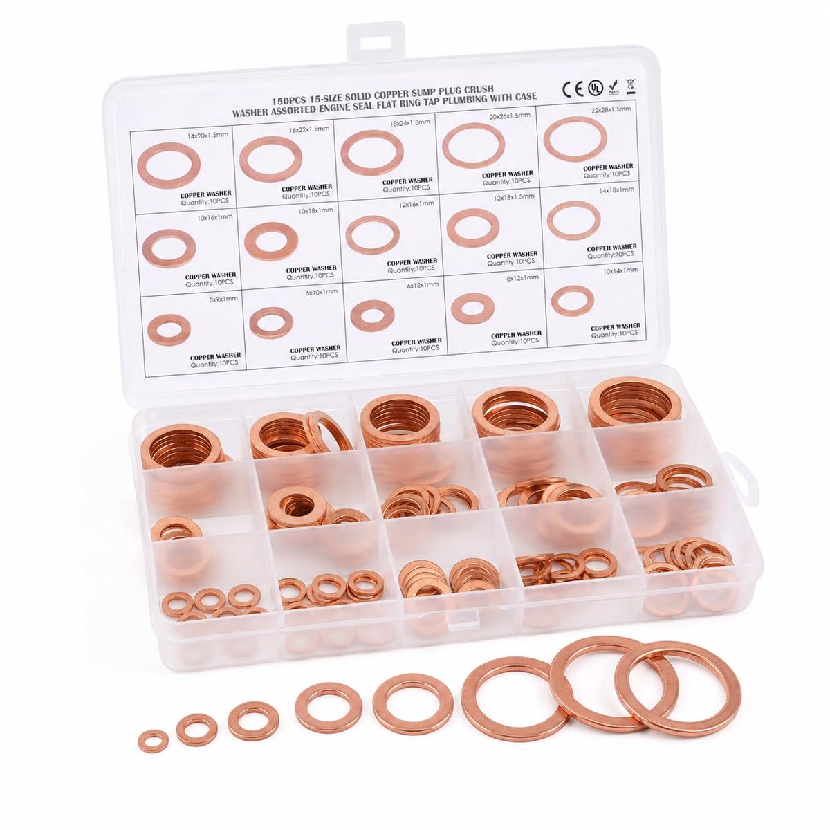 Washer set 150 pcs - M5 tot M22 - rood koper - ideaal voor oliedrainpluggen - ShopVlot