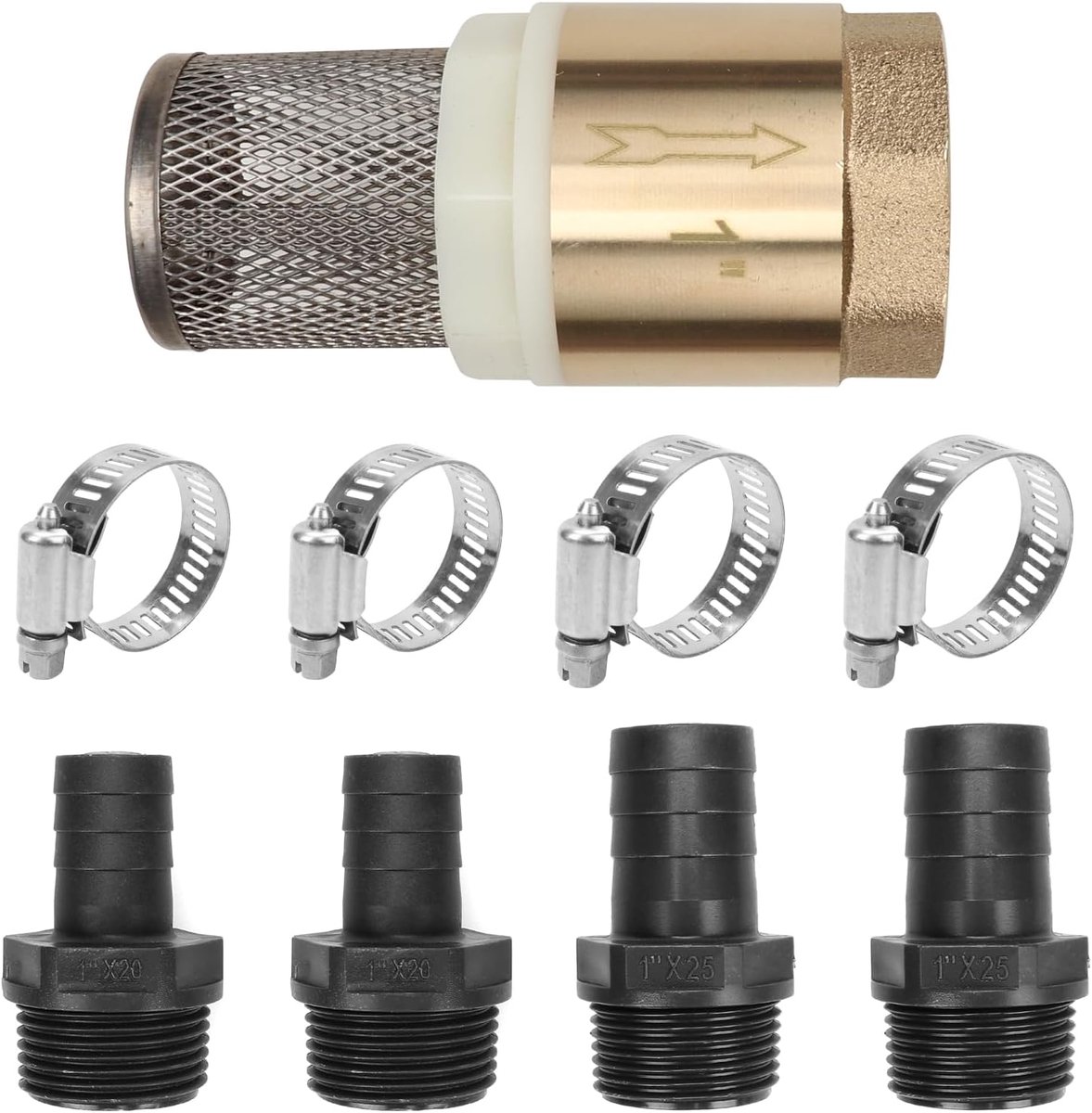 1 inch terugslagventiel messing, zuigfilterset met terugslagstop, voetventiel, veerterugslagventiel met 4 slangklemmen (18-32 mm) en slangaansluitingen Ø 20 mm/25 mm, mand van roestvrij staal